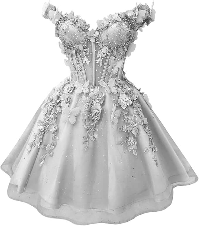 silver 3D Butterfly DAMA Dress for Quinceanera Short Hoco Dresses Off Shoulder