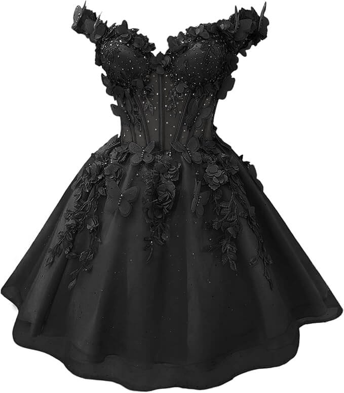 black 3D Butterfly DAMA Dress for Quinceanera Short Hoco Dresses Off Shoulder