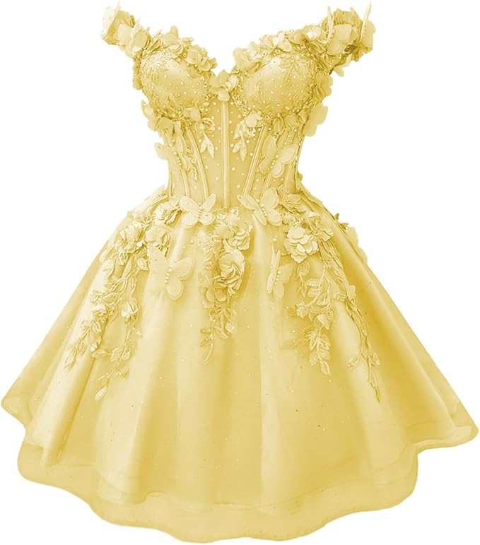 yellow 3D Butterfly DAMA Dress for Quinceanera Short Hoco Dresses Off Shoulder