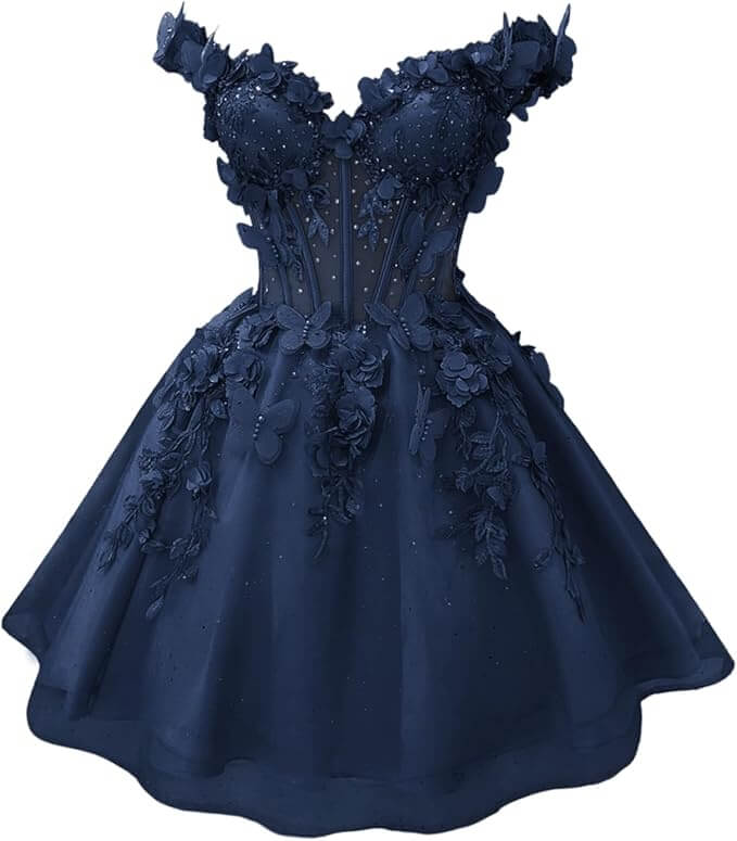 navy blue 3D Butterfly DAMA Dress for Quinceanera Short Hoco Dresses Off Shoulder