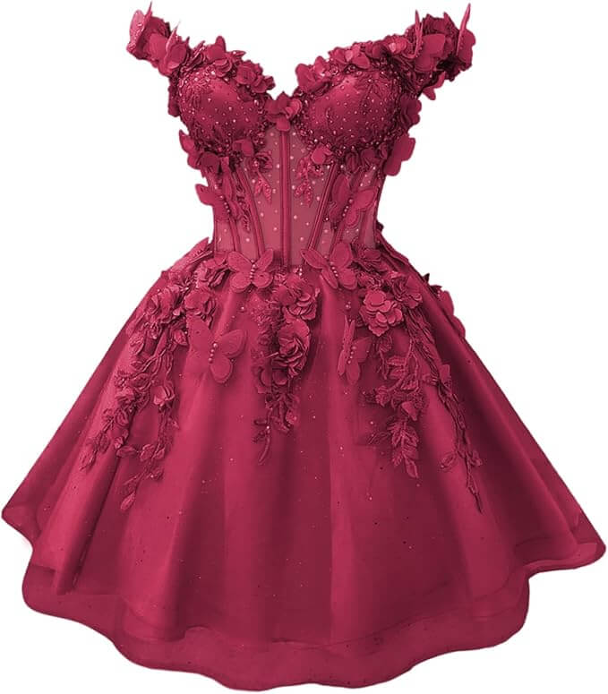 burgundy 3D Butterfly DAMA Dress for Quinceanera Short Hoco Dresses Off Shoulder