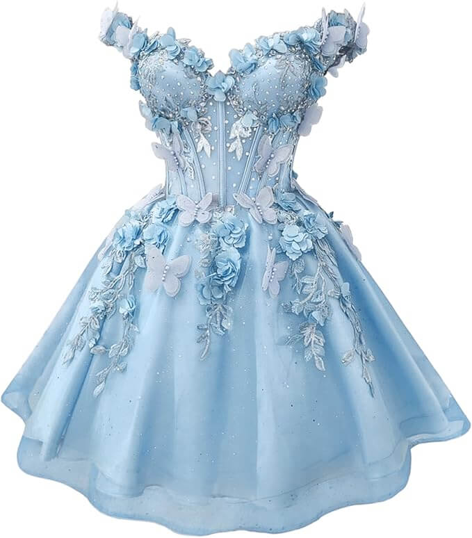 light blue 3D Butterfly DAMA Dress for Quinceanera Short Hoco Dresses Off Shoulder