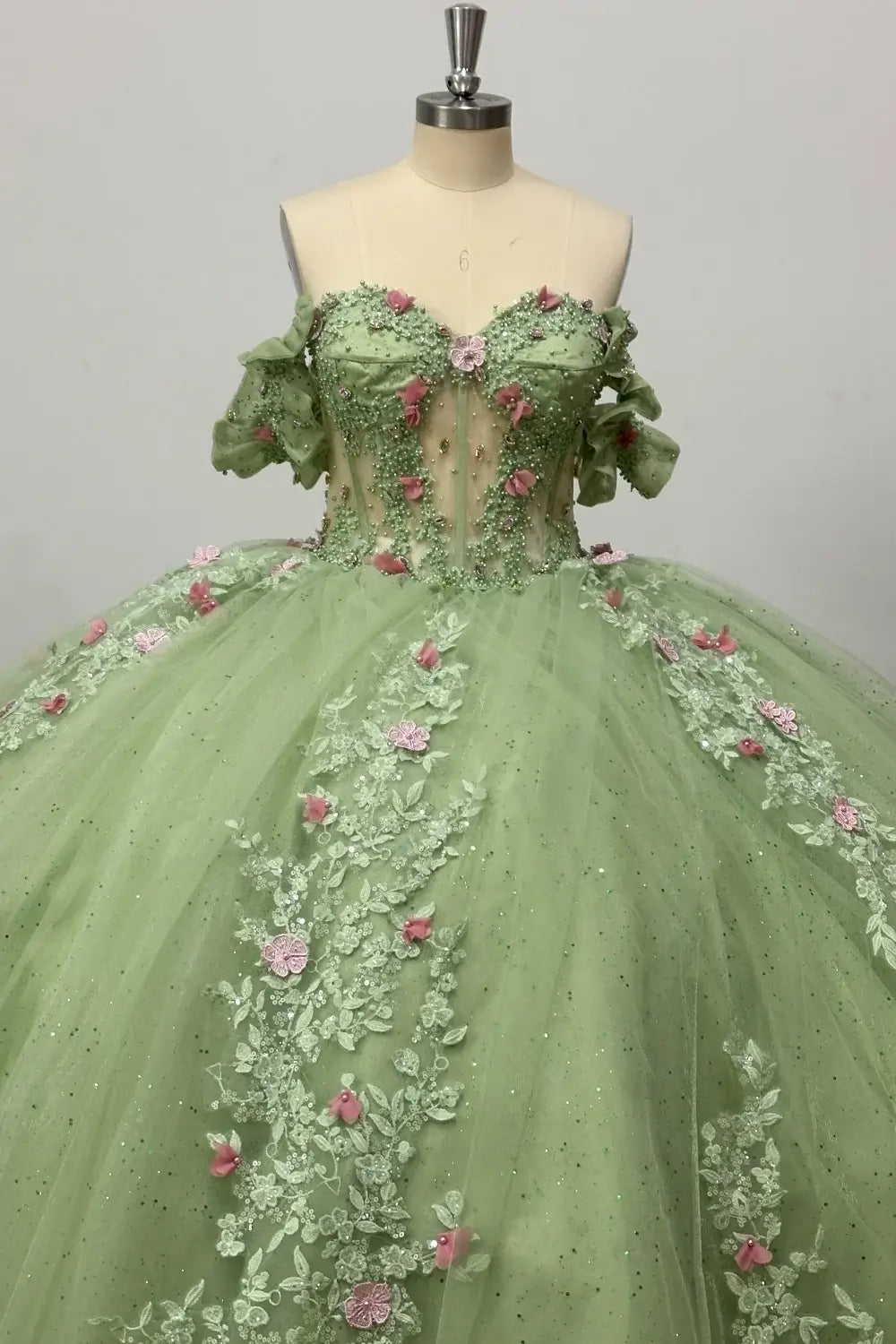 3D Flower Sage Green Quinceanera Dress Off Shoulder Sleeveless Beaded Appliques
