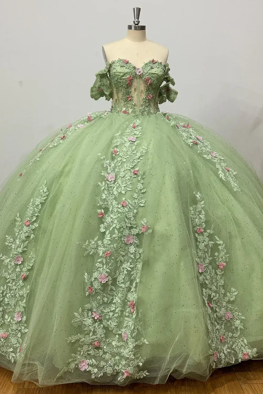 3D Flower Sage Green Quinceanera Dress Off Shoulder Sleeveless Beaded Appliques