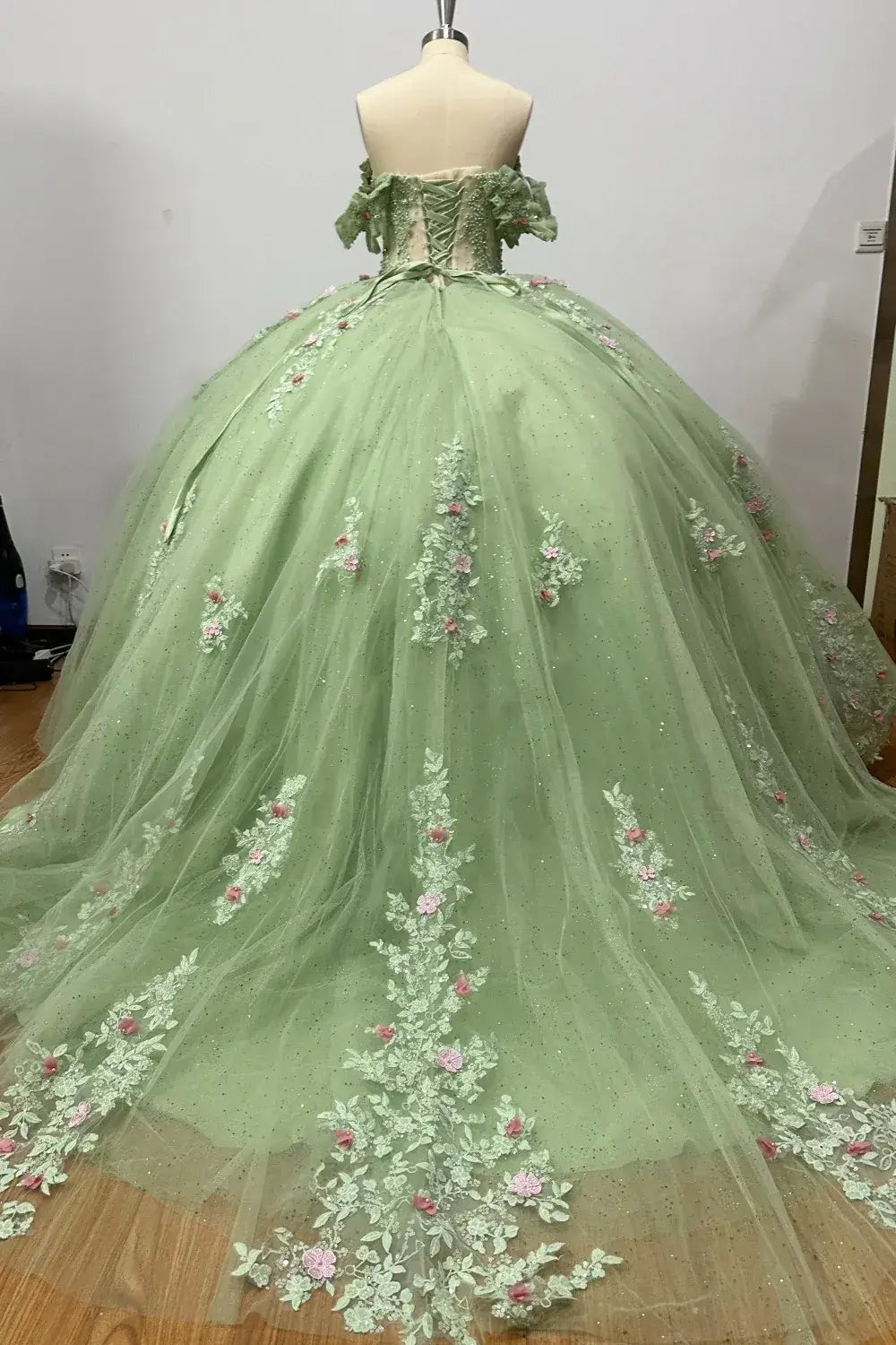 3D Flower Sage Green Quinceanera Dress Off Shoulder Sleeveless Beaded Appliques