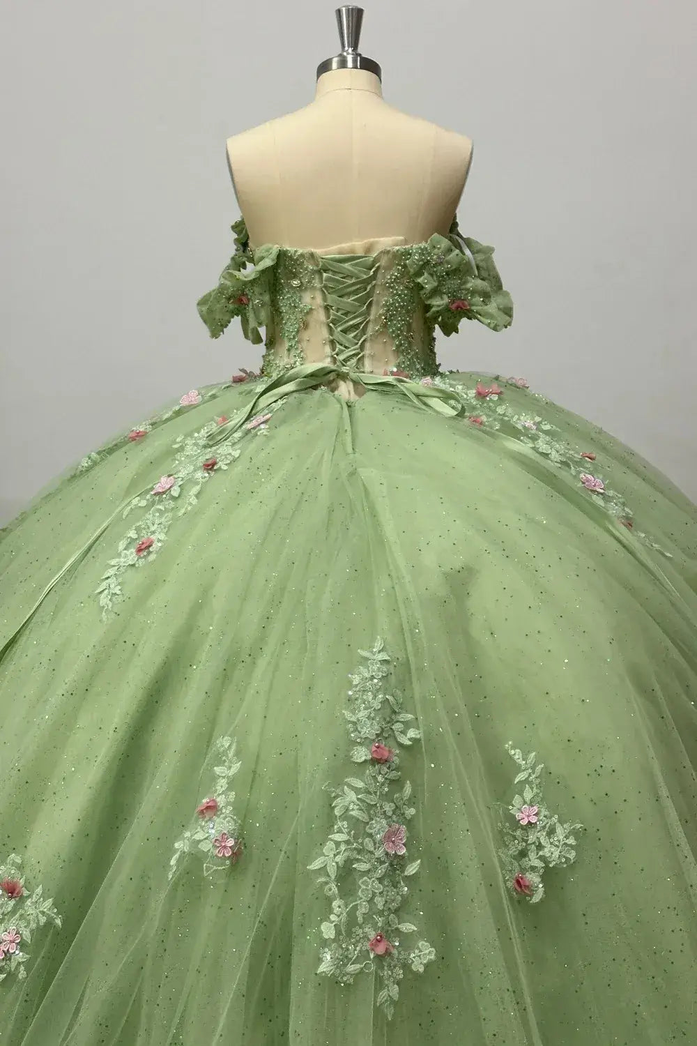 3D Flower Sage Green Quinceanera Dress Off Shoulder Sleeveless Beaded Appliques