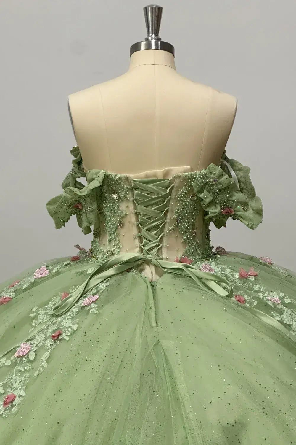 3D Flower Sage Green Quinceanera Dress Off Shoulder Sleeveless Beaded Appliques