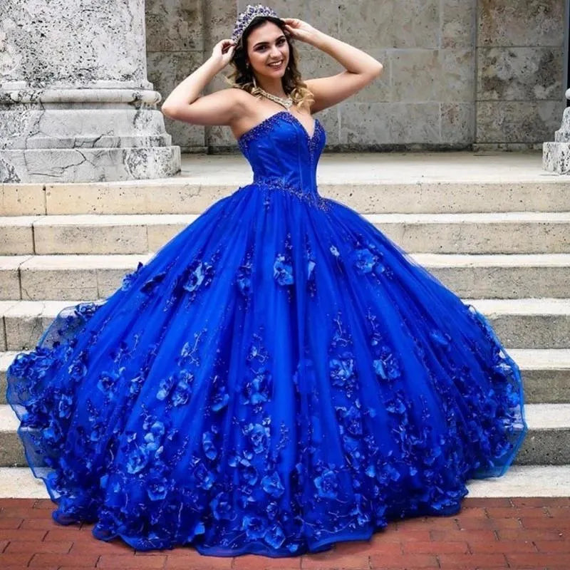 3D Flowers Crystals Royal Blue Quinceanera Dresses 2025 Sweet 16 Dress Mychicdress