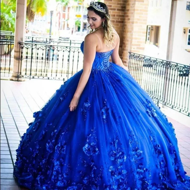 3D Flowers Crystals Royal Blue Quinceanera Dresses 2025 Sweet 16 Dress Mychicdress