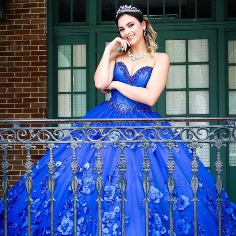 3D Flowers Crystals Royal Blue Quinceanera Dresses 2025 Sweet 16 Dress Mychicdress