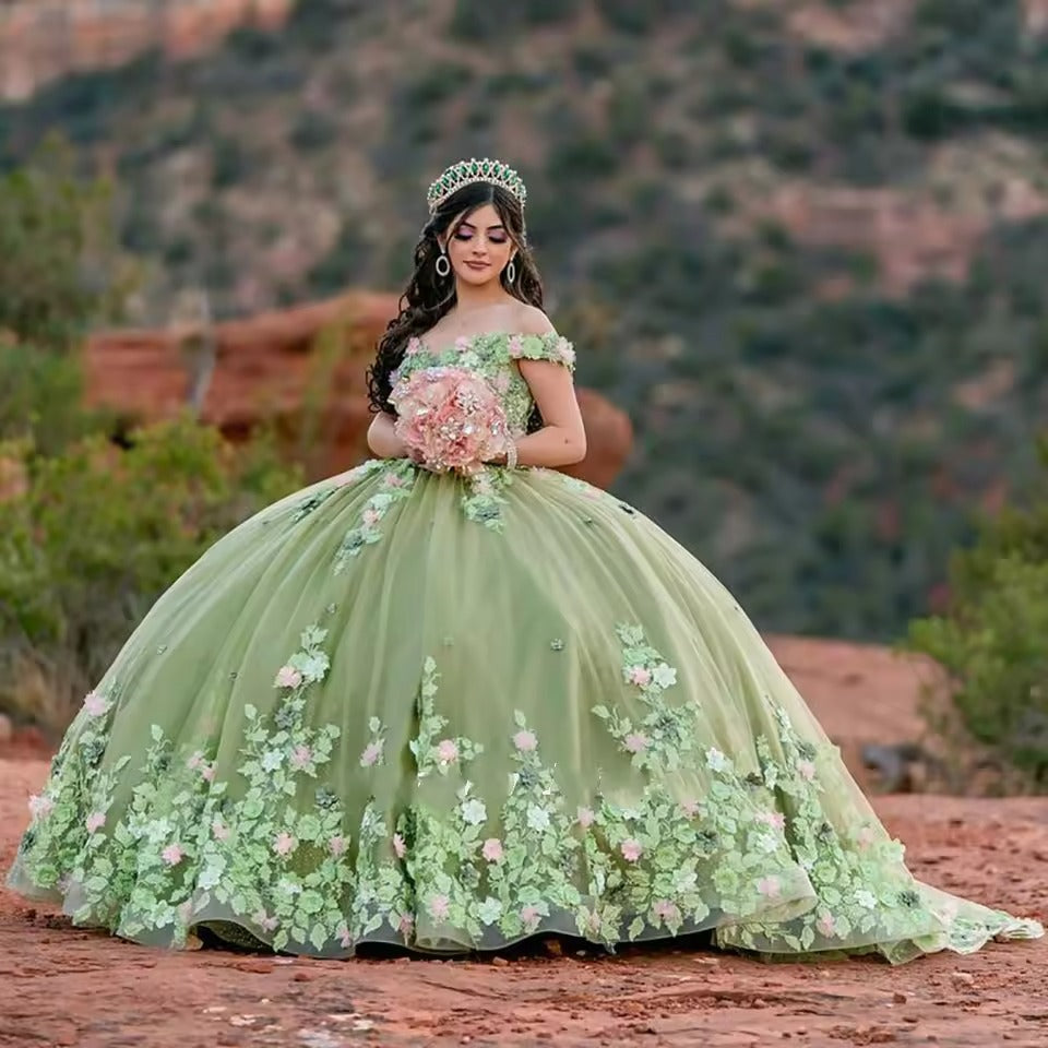 3D Handmade Floral Quinceanera Dress Sage Green Vestidos De XV Anos