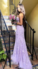 Long Mermaid Pink Prom Dresses Lace Strapless with Split