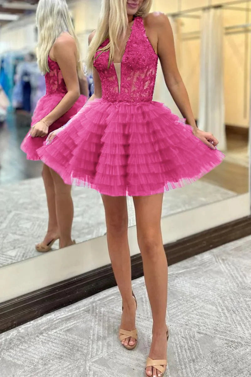 A-Line Halter Silver Lace Homecoming Dress Layered Applique