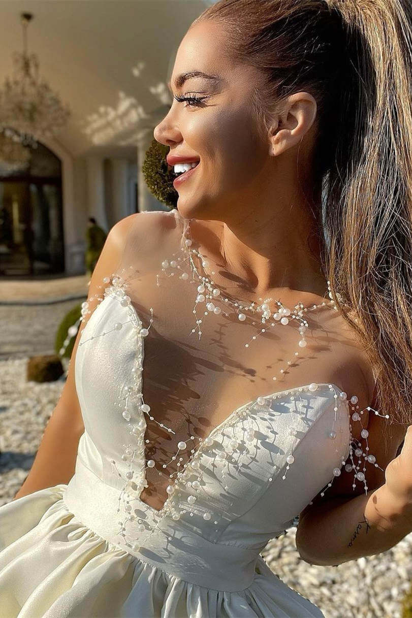 A-Line Ivory Short 2025 Homecoming Dress Pearls Illusion Hoco