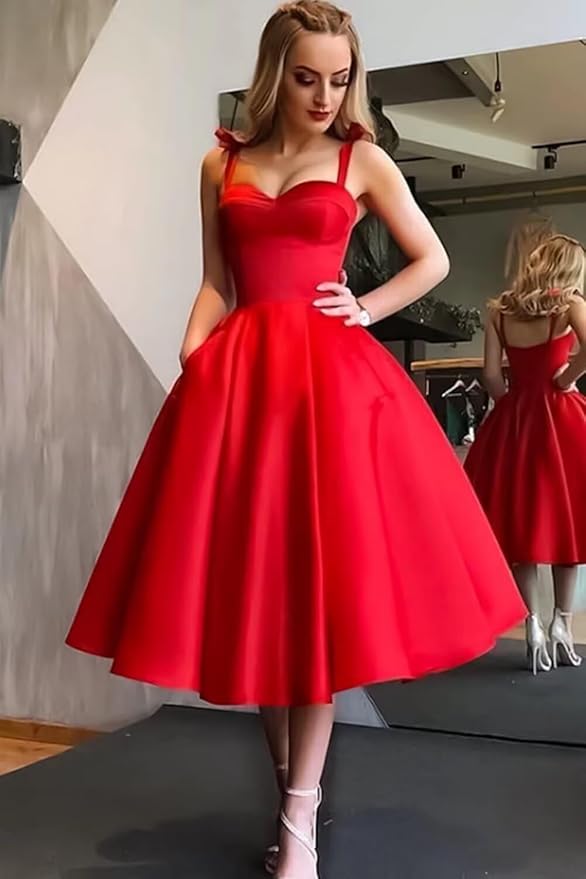 A Line Red Knee Length Homecoming Dress Satin Corset