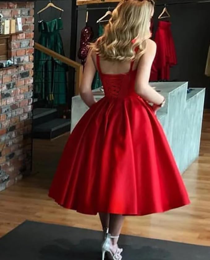 A Line Red Knee Length Homecoming Dress Satin Corset