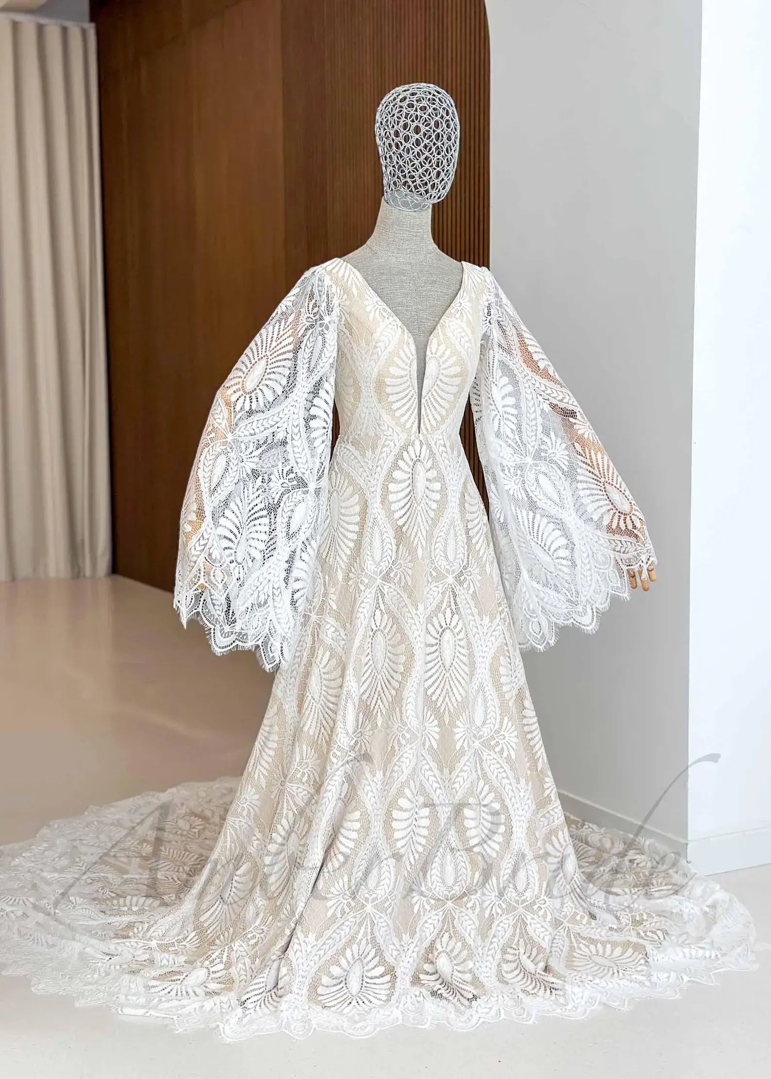 A-Line Lace Boho Wedding Dress with Puff Sleeves Plunging V-Neck