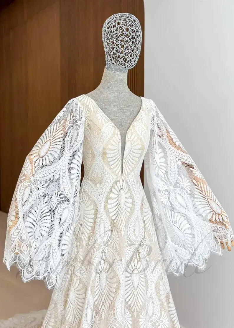 A-Line Lace Boho Wedding Dress with Puff Sleeves Plunging V-Neck