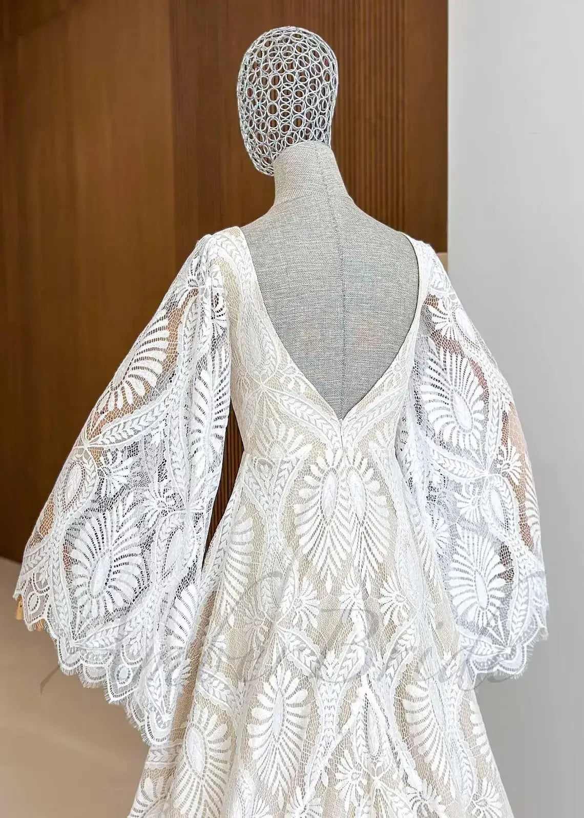 A-Line Lace Boho Wedding Dress with Puff Sleeves Plunging V-Neck