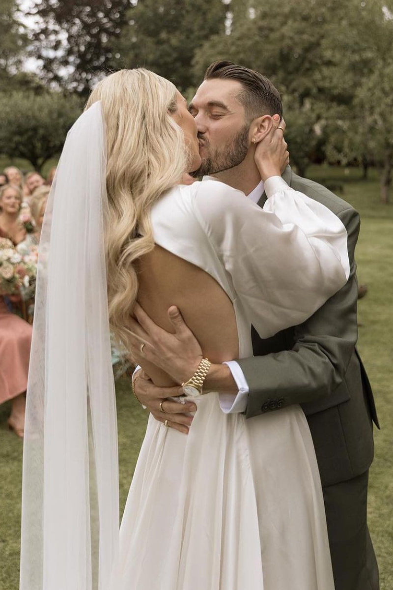 A-Line Long Sleeves Satin Wedding Dresses Deep V Neck – MyChicDress