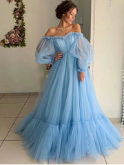 A Line Off The Shoulder Sage Green Prom Dress Long Tulle Wedding Dress Bubble Sleeves