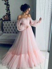 A Line Off The Shoulder Sage Green Prom Dress Long Tulle Wedding Dress Bubble Sleeves