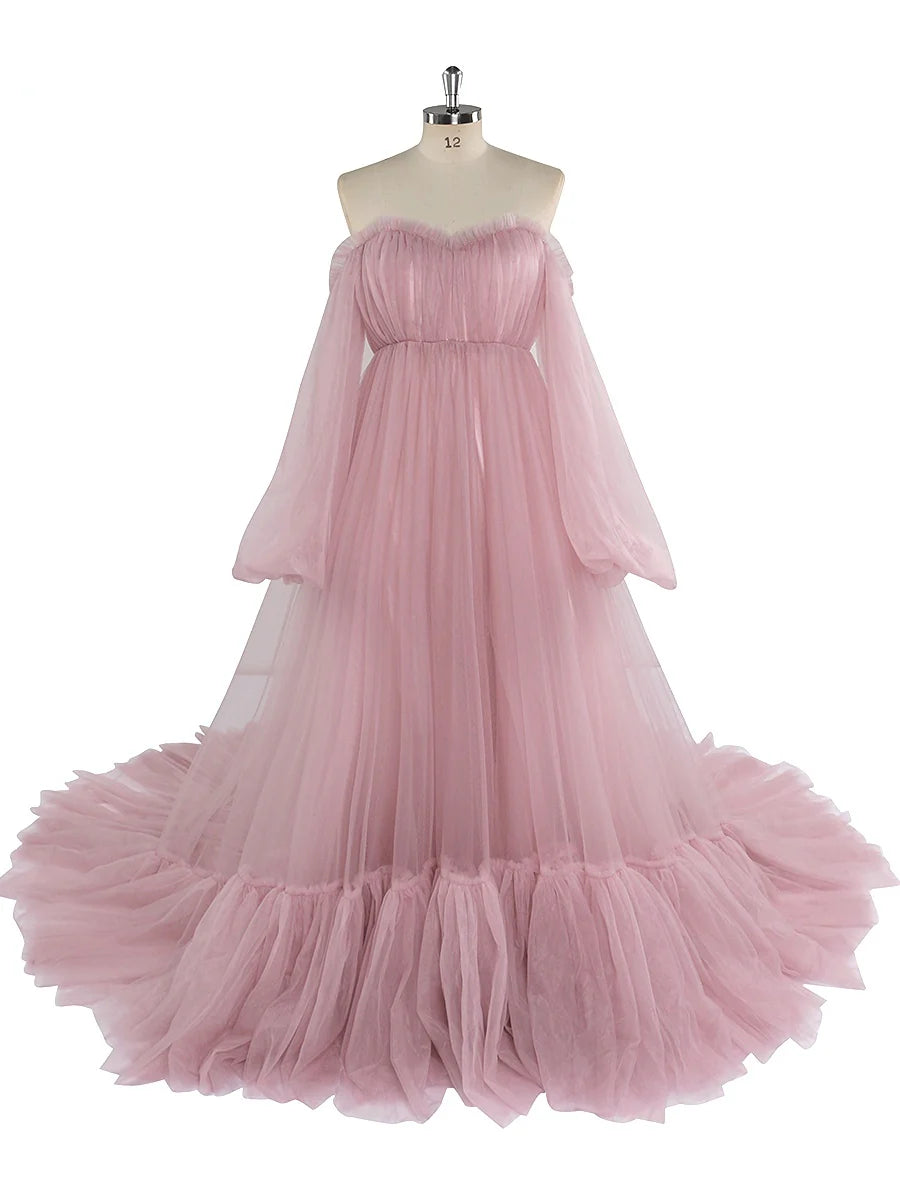 A Line Off The Shoulder Sage Green Prom Dress Long Tulle Wedding Dress Bubble Sleeves