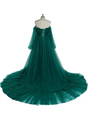 A Line Off The Shoulder Sage Green Prom Dress Long Tulle Wedding Dress Bubble Sleeves