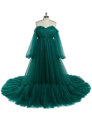A Line Off The Shoulder Sage Green Prom Dress Long Tulle Wedding Dress Bubble Sleeves