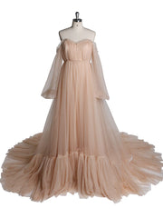 A Line Off The Shoulder Sage Green Prom Dress Long Tulle Wedding Dress Bubble Sleeves