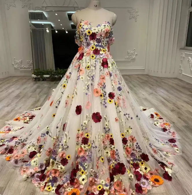 A Line Puff Sleeves Beach Wedding Dresses 3D Florals Off Shoulder