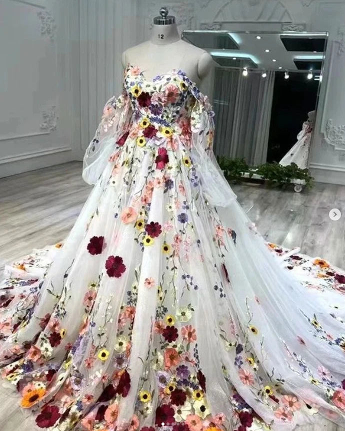 A Line Puff Sleeves Beach Wedding Dresses 3D Florals Off Shoulder