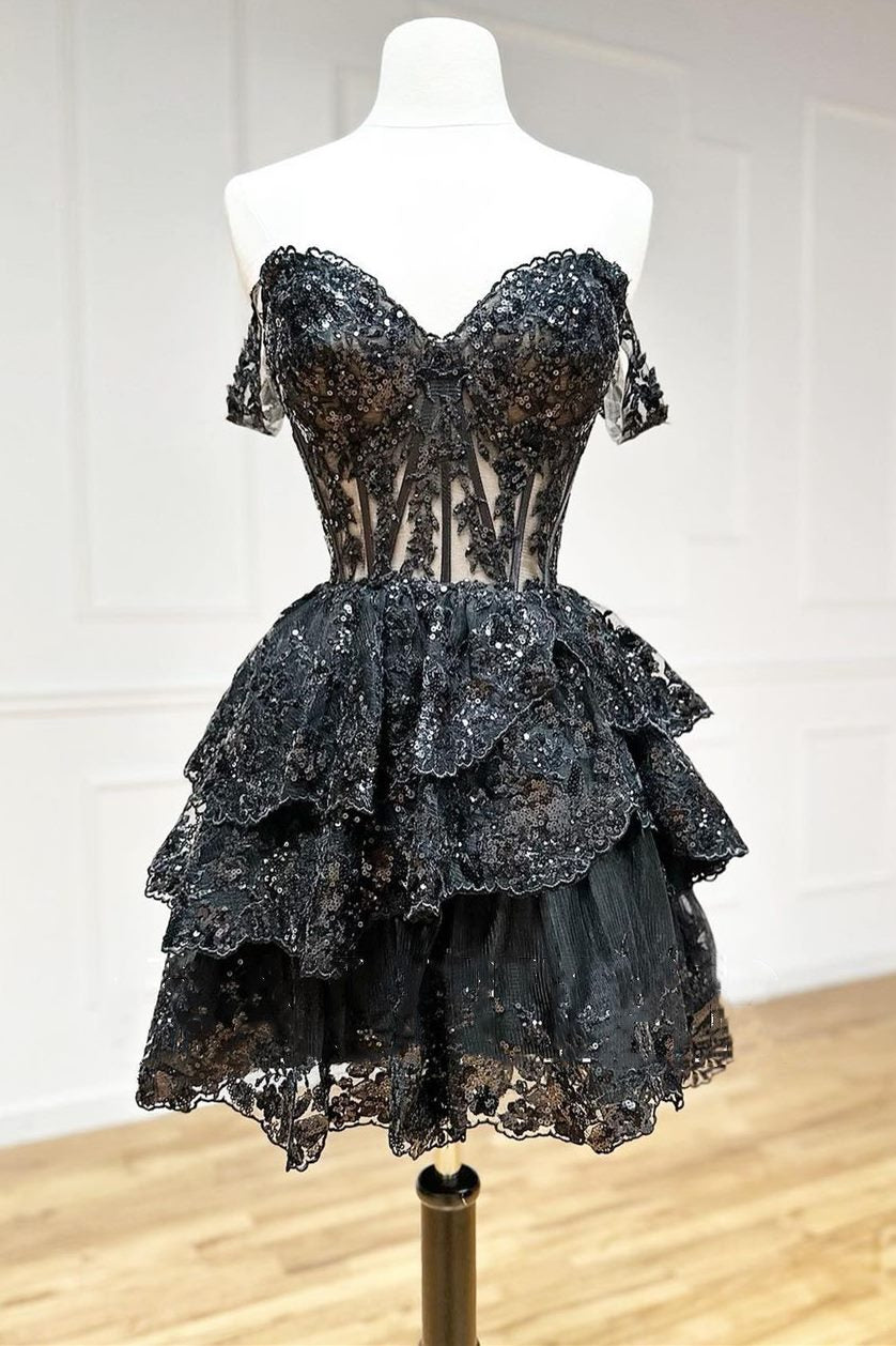 A-Line Short BLack Prom Dress Sheer Corset Bodice Homecoming dress MyChicDress