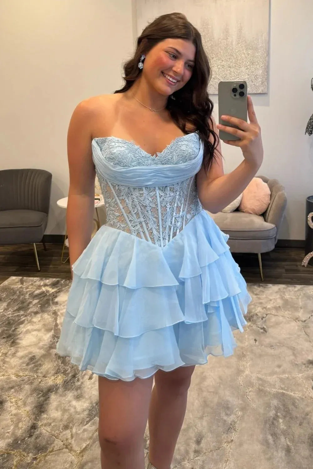 A Line Yellow Short Prom Dress Lace Ruffles Hoco Dress