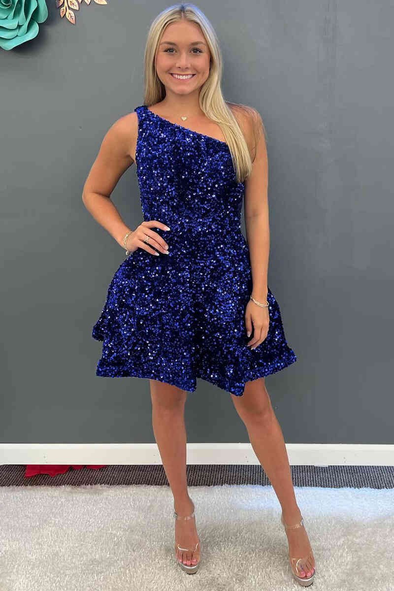 One Shoulder Beaded Prom Dress - Short Cocktail Gown With Crystal Beads, Chiffon & Satin