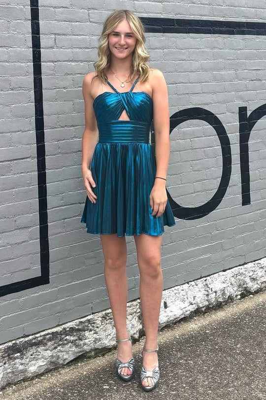 A Line Unique Gold Metallic Homecoming Dress Short Halter With Keyhole