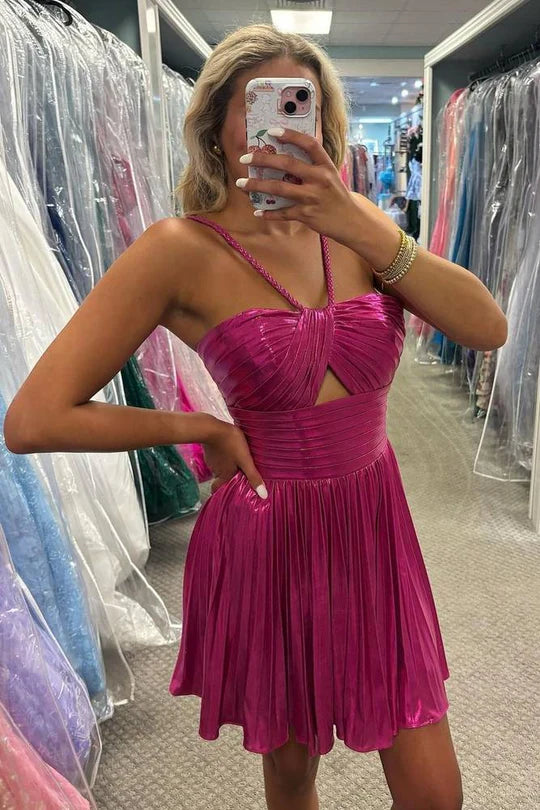 A Line Unique Gold Metallic Homecoming Dress Short Halter With Keyhole