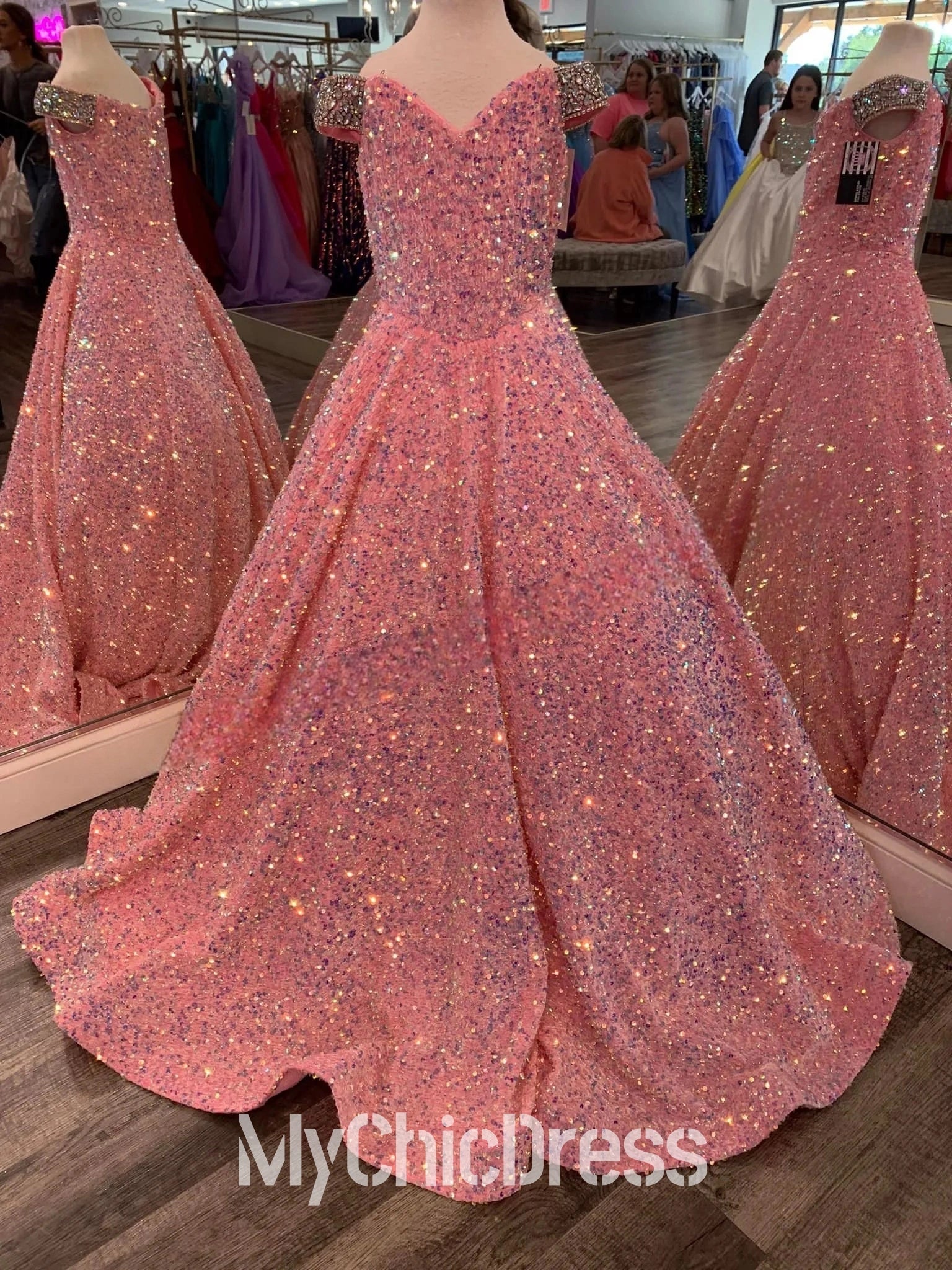 A-Line pink Iridescent Sequin Girl Pageant Dress Off-the-Shoulder Mychicdress