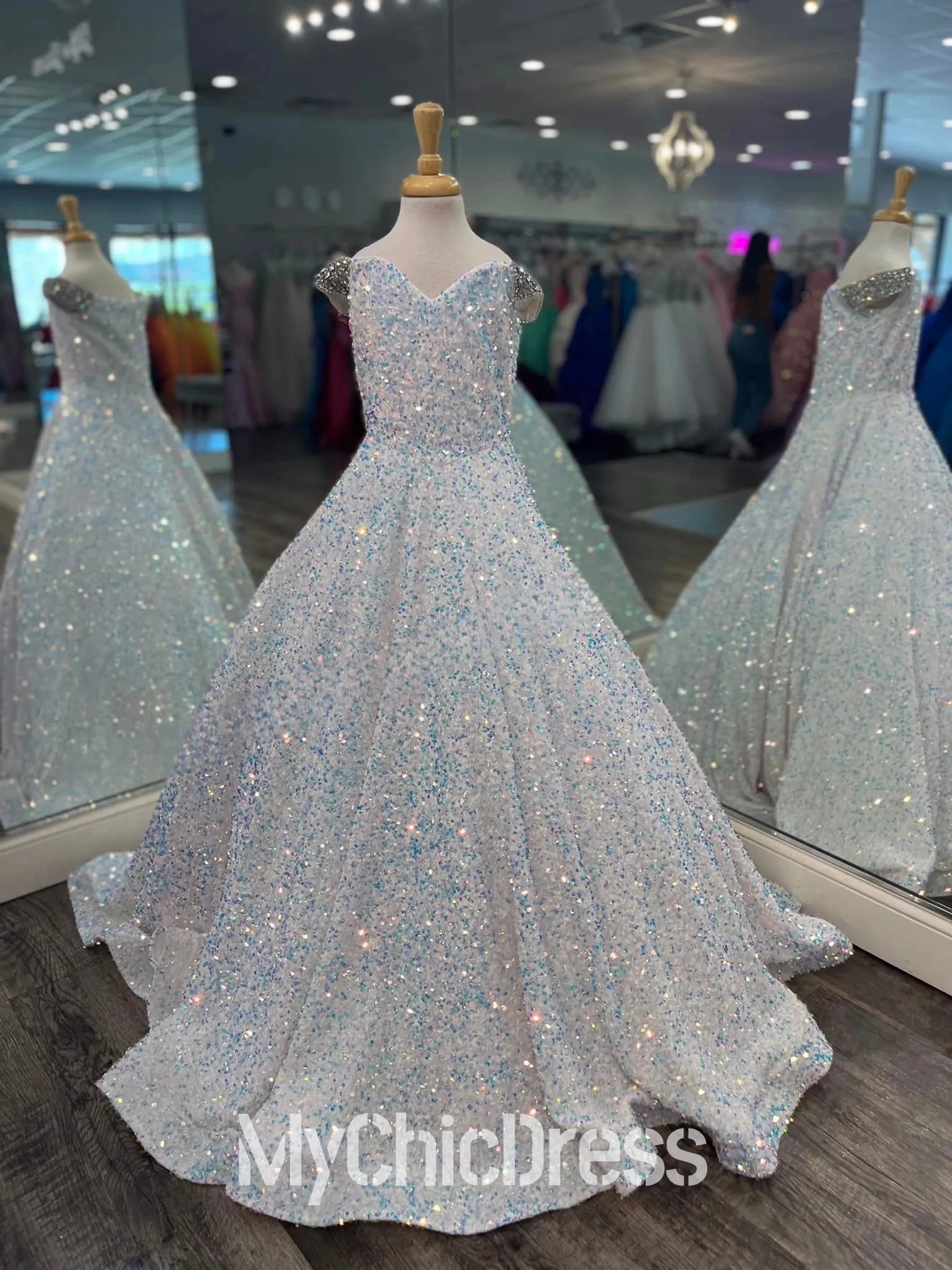 A-Line White Iridescent Sequin Girl Pageant Dress Off-the-Shoulder Mychicdress