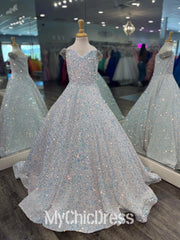A-Line White Iridescent Sequin Girl Pageant Dress Off-the-Shoulder Mychicdress