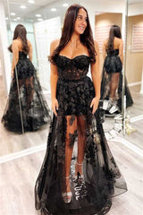 A-Line Black Prom Dresses Lace 2024 Long Evening Dress Strapless Appliques