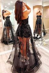 A-Line Black Prom Dresses Lace 2024 Long Evening Dress Strapless Appliques