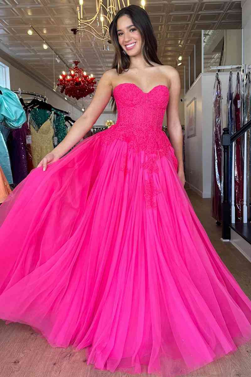 2024 A-Line Hot Pink Prom Dresses Long Evening Dress Sweetheart with A ...