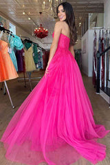 2024 A-Line Hot Pink Prom Dresses Long Evening Dress Sweetheart with Appliques