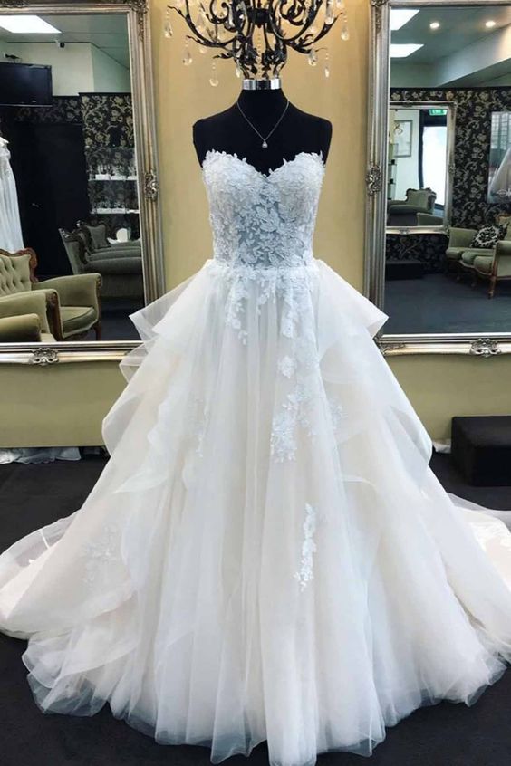 A-Line Lace Wedding Dresses For Sale Long Strapless Sweetheart - MyChicDress