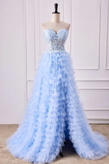 A-Line Light Blue Lace Ruffle Prom Dress Corset Sweetheart Strapless - MyChicDress