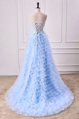A-Line Light Blue Lace Ruffle Prom Dress Corset Sweetheart Strapless - MyChicDress