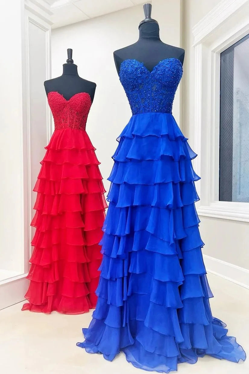 A-Line Long Corset Royal Blue Tiered Formal Dresses - MyChicDress