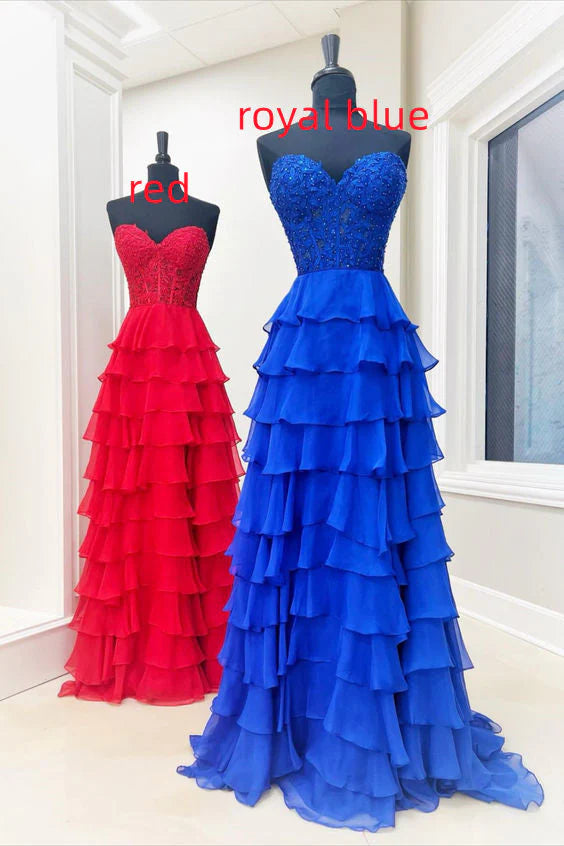A-Line Long Corset Royal Blue Tiered Formal Dresses - MyChicDress