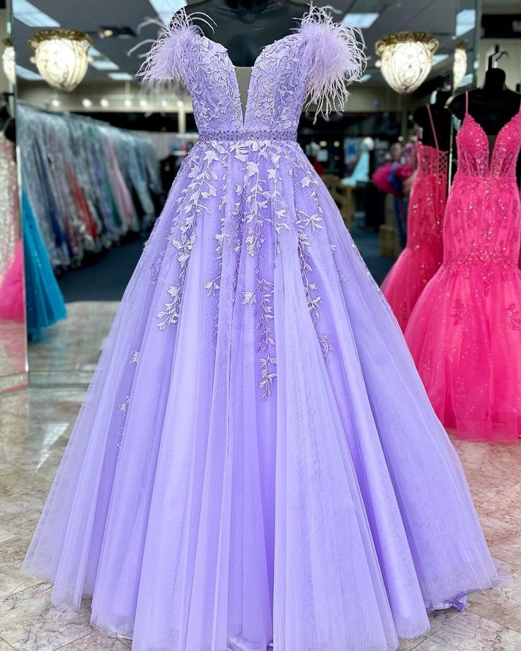 Lilac Lace Prom Dresses with feathers